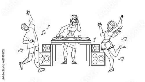 Dj Girl Playing Music On Night Club Party Black Line Pencil Drawing Vector. Young Woman Dj Play Disco Sound And Dancers Man And Lady Dancing Together. Characters Leisure Time In Nightclub Illustration
