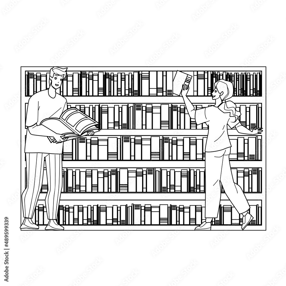Books Rack Library Furniture With Shelves Black Line Pencil Drawing Vector. Man And Woman Choosing Educational Or Story Literature On Books Rack. Characters Searching Information On Bookcase