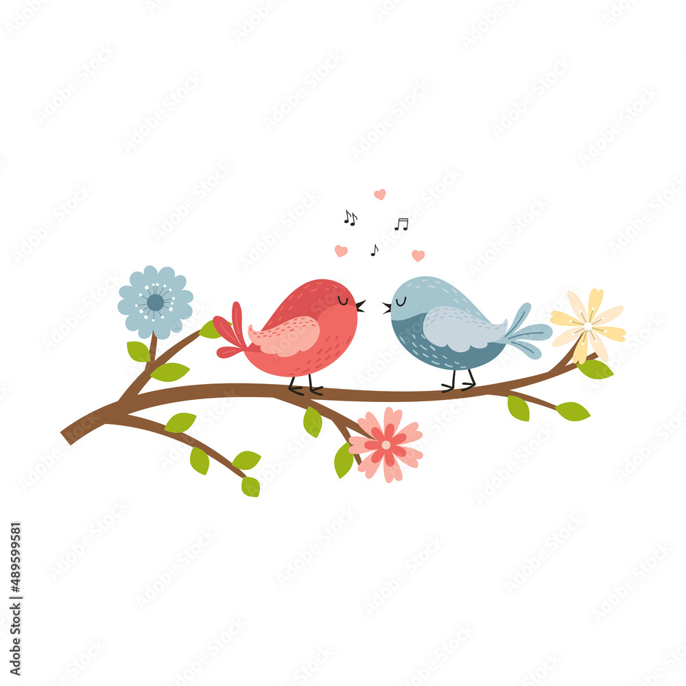 Two cute cartoon bird couple in love are sitting on a branch with flowers and chirping.Animal characters for Easter and Spring cards. Color vector illustration isolated on a white background