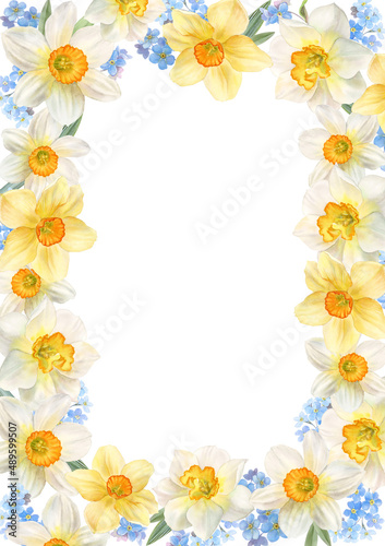 Frame with spring flowers, daffodils and forget-me-nots, watercolor illustration