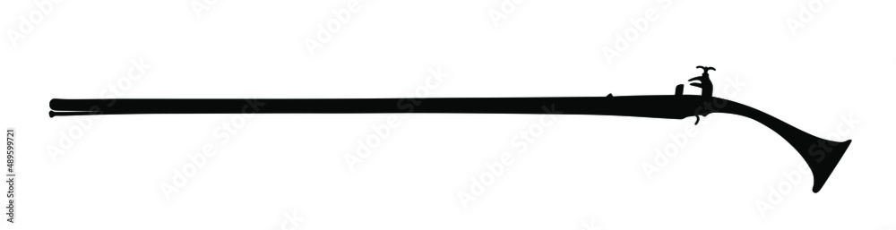 Old flintlock rifle vector silhouette illustration isolated on white background. Rustic vintage gun symbol. Ancient musket silhouette. Historical weapon, retro military arms. Eighteenth century period Old flintlock rifle vector silhouette illustration isolated on white background. Rustic vintage gun symbol. Ancient musket silhouette. Historical weapon, retro military arms. Eighteenth century period