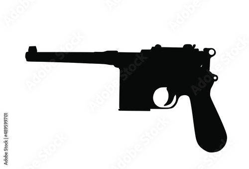 Vintage pistol Mauser C 96 gun vector silhouette illustration isolated on white background. WW2 Germany officers personal weapon. Military war operation in Second War symbol.