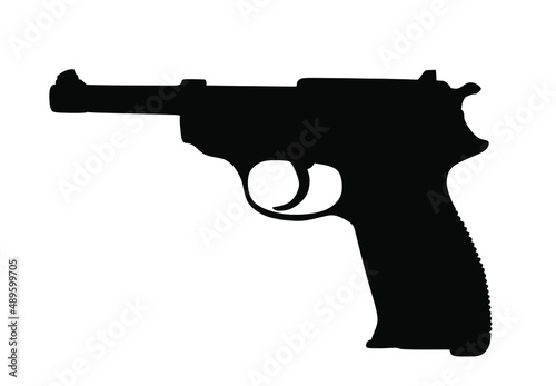 Vintage pistol Walter P 38 gun vector silhouette illustration isolated on white background. WW2 Germany officers personal weapon. Military war operation in Second War symbol.