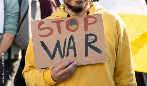 Stop war. demonstration of Ukrainian people against the entry of Russian troops, solders into Ukraine, against Putin. The War in Europe