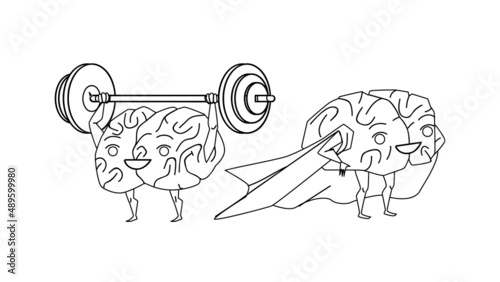 Brain Training With Barbell And Superhero Black Line Pencil Drawing Vector. Brain Training With Sport Gym Accessory And Wearing Super Hero Cape Clothing Accessory. Characters Anatomy Organ Strong