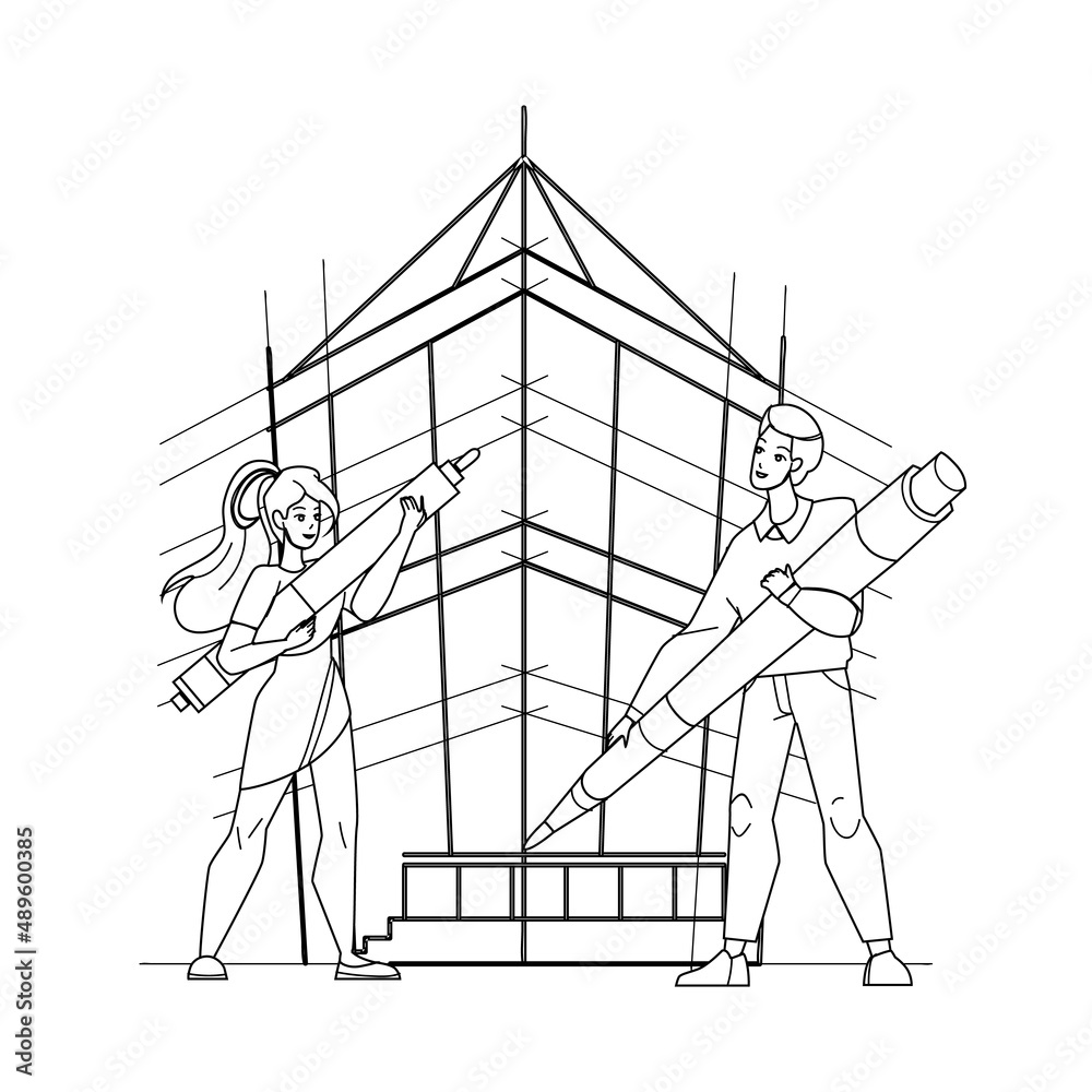 Building Design Man And Woman Architects Black Line Pencil Drawing Vector. Young Boy And Girl Designers Building Design Together. Characters Drawing On Paper Board Construction With Pencil Building Design Man And Woman Architects Black Line Pencil Drawing Vector. Young Boy And Girl Designers Building Design Together. Characters Drawing On Paper Board Construction With Pencil