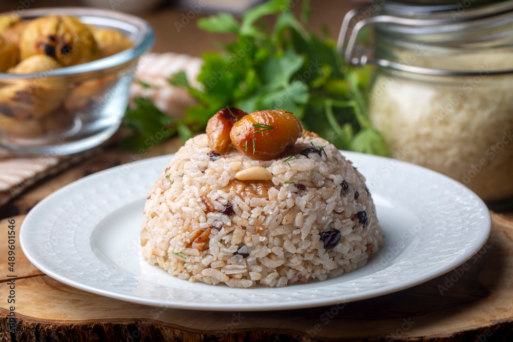 Traditional delicious Turkish food; chestnut rice pilaf (Turkish name; kestaneli pilav)