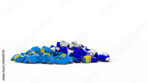 3d rendering of stones  fragments with colors of flags of Ukraine and Russia. The idea of catastrophic consequences for Ukraine and Russia.