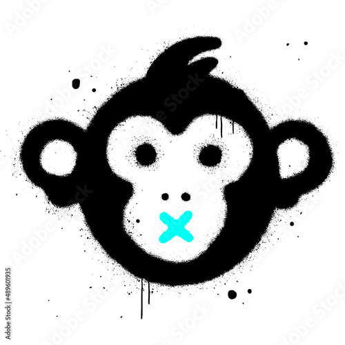 Ape with bored face. Monkey NFT artwork. Crypto graphic asset. Urban street graffity style. Vector illustration. Black icon is isolated on white background. Unique limited edition art.