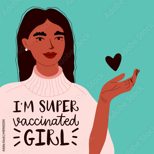 Vector portrait of young woman. Wearing pink sweater with heart's icon in hand. Slogan print of I'm super vaccinated girl. Vaccine distribution for general population. Concept for herd immunity.