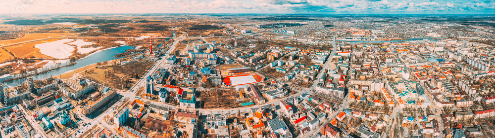 Brest, Belarus. Brest Cityscape Skyline In Spring Day. Bird's-eye View Of Residential Districts. Panorama Panoramic View.