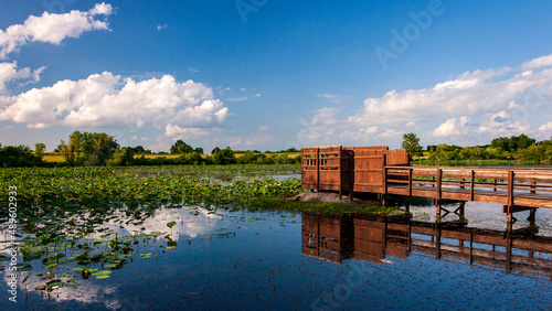 Wetlands landscape with a bird blind and cloudy sky reflected in a lake at the August A. Busch Memorial Conservation Area in St. Charles County Missouri photo