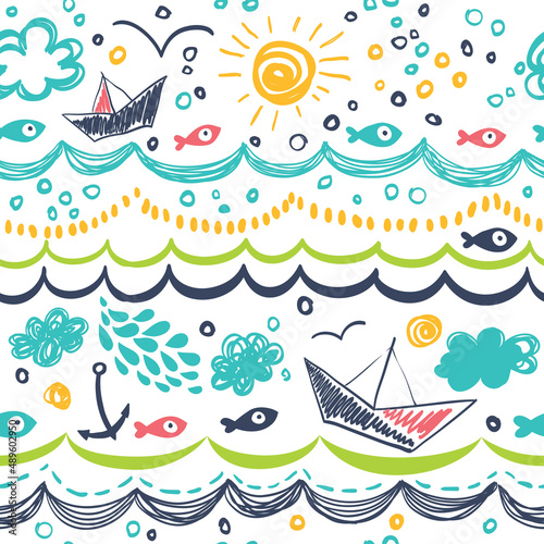 Seamless pattern in the concept of children's drawings. Seamless pattern with ships, fish, sun, clouds, sea and waves.