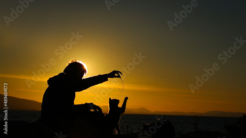 Young man and cat silhouette in sunset landscape