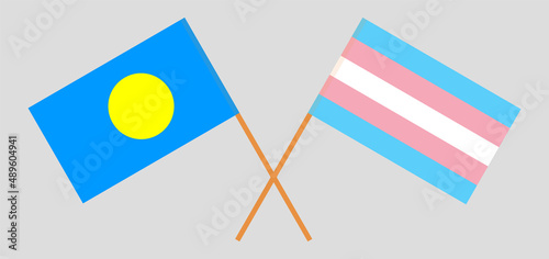 Crossed flags of Palau and Transgender Pride. Official colors. Correct proportion