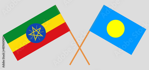 Crossed flags of Ethiopia and Palau. Official colors. Correct proportion