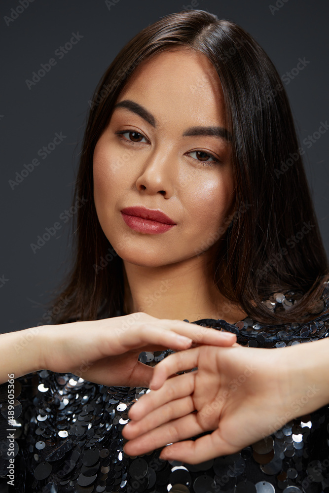 woman glamor posing shiny jacket luxury isolated background