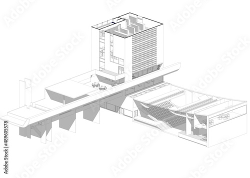 Architecture design: blueprint axonometry - Drawing illustration of a modern public equipment building / technology, industry, business concept illustration: 