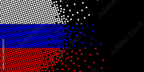 Pixel art with Russia flag. Pixel Dots grow by concentrating within the flag. The dots inside the Russia flag are pixel art representing unity and independence. Flag on black background.