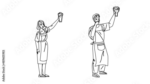 Beer Brewer Workers Look At Freshly Drink Black Line Pencil Drawing Vector. Young Man And Woman Beer Brewer Looking At Fresh Beverage Glass. Characters Factory Professional Occupation Illustration