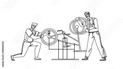 Bicycle Repair Service Men Workers Fixing Black Line Pencil Drawing Vector. Young Guys Examining And Repairing Bicycle Parts. Characters Repairman Transport Maintenance Professional Work Illustration
