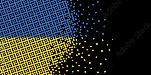 Pixel art with Ukraine flag. Pixel Dots grow by concentrating within the flag. The dots inside the Ukraine flag are pixel art representing unity and independence. Flag on black background.