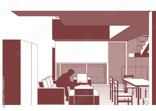 Architecture image illustration : blueprint Drawing perspective illustration of a modern public equipment building / technology, industry, business concept illustration: 