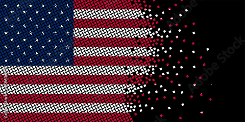 Pixel art with USA flag. Pixel Dots grow by concentrating within the flag. The dots inside the America flag are pixel art representing unity and independence. Flag on black background.