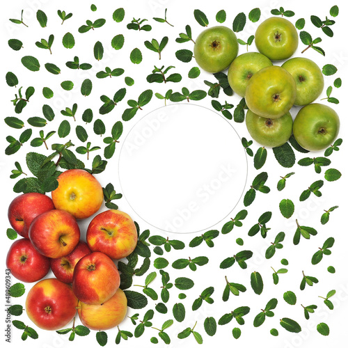 Grups of fresh red and green apples on the white background with green mint leaves on it .Free framed space for writing at the middle.Top view . photo