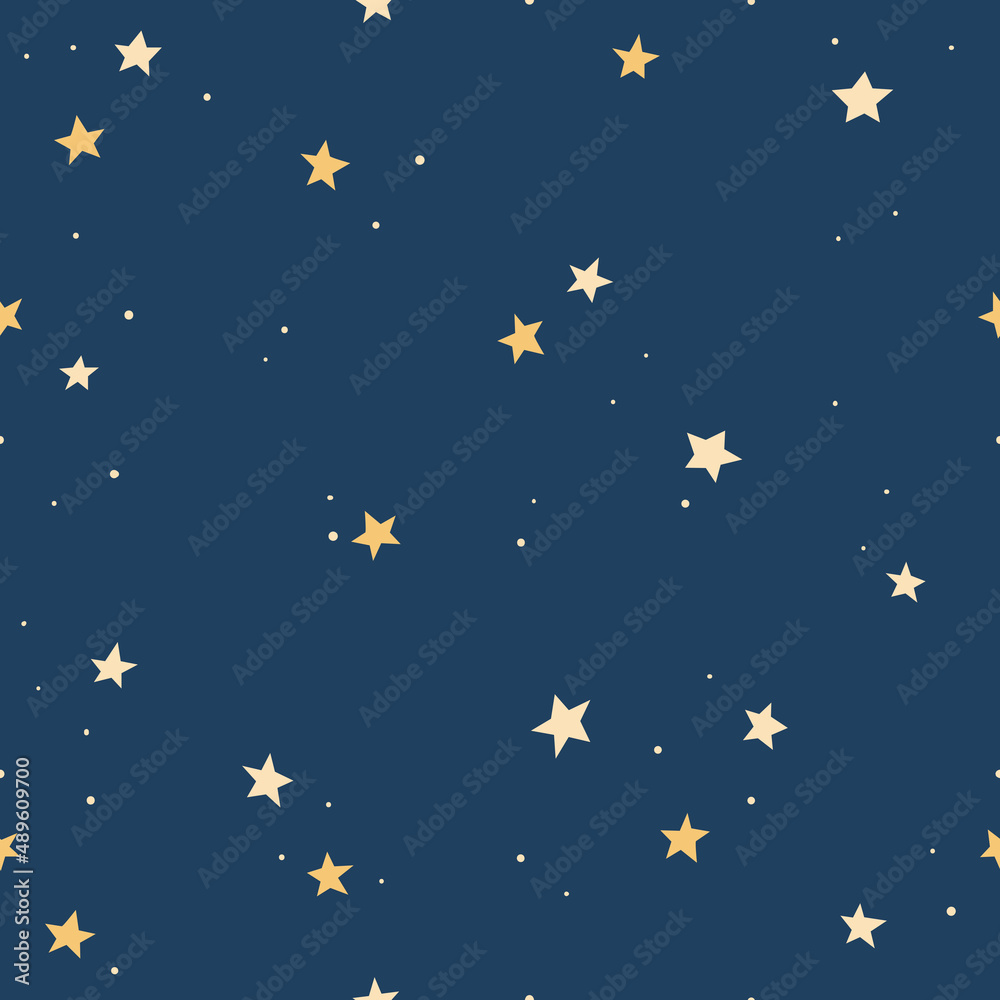 Seamless pattern with stars on dark blue background. Night sky. Vector illustration.