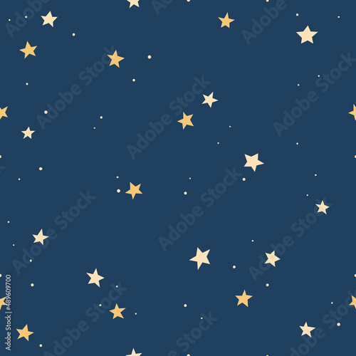 Seamless pattern with stars on dark blue background. Night sky. Vector illustration.