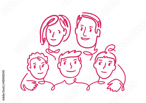 Large happy family. Children and parents sketch doodle. Vector illustration