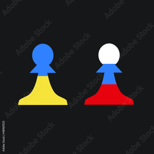 Ukraine and Russia conflict. Country flags on chess pawns on a chess board.