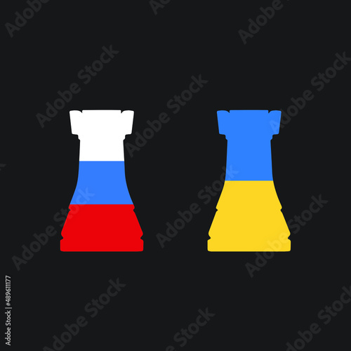 Ukraine and Russia conflict. Country flags on chess pawns on a chess board.