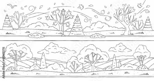 Autumn and summer landscape abstract concept. Linear coloring book with park, trees, lantern, path, leaves and plants. Antistress sketch for children and adults. Cartoon flat vector illustration