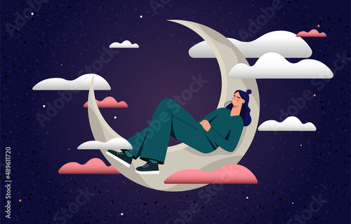 Cute girl sleeping on moon abstract concept. Smiling woman lies on crescent moon and has romantic dreams with night sky, stars and clouds. Tarot cover. Cartoon modern flat vector illustration