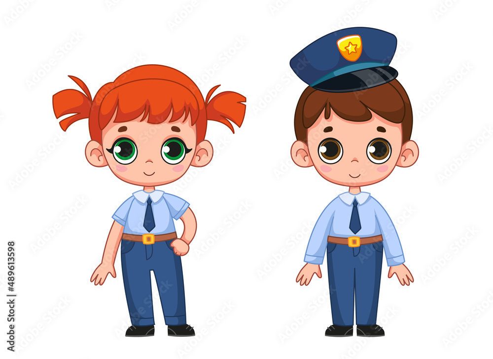 Set of cute cartoon characters in police uniform. Little children, a boy and a girl dressed as a police officer. Vector illustration in children's style. Isolated funny clipart. cute print.