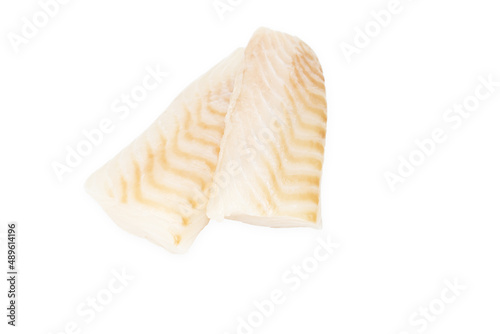 Cod fish two loins. Fresh uncooked fish pieces isolated on white background.