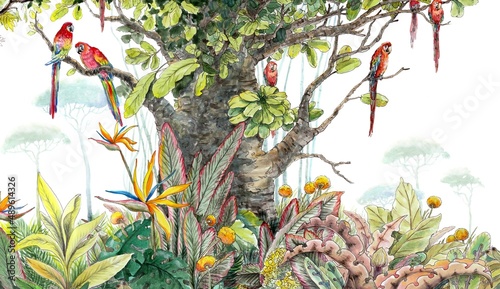 Animals in the forest,  watercolor paintings landscape, jungle. Fine art, artwork