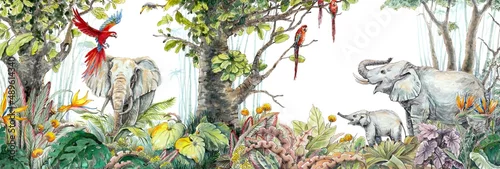 Panel kuchenny z motywem Animals in the forest,  watercolor paintings landscape, jungle. Fine art, artwork 