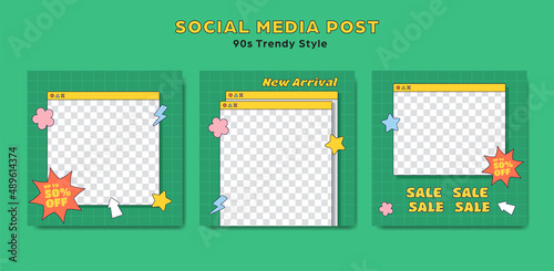 Social media instagram square post template post set 90s retro trendy cartoon style with sticker bomb