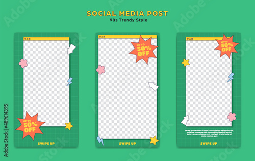 Social media instagram story template post set 90s retro trendy cartoon style with sticker bomb