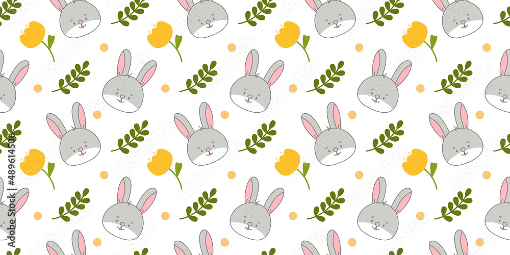 Vector seamless pattern. Background with many Rabbits, eggs, flowers, leaves scattered. Festive Easter Day surface pattern design. Spring season. For printing on fabric and paper, cards, social media