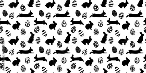 Vector seamless pattern. Background with many Rabbits  eggs  flowers  leaves scattered. Festive Easter Day surface pattern design. Spring season. For printing on fabric and paper  cards  social media