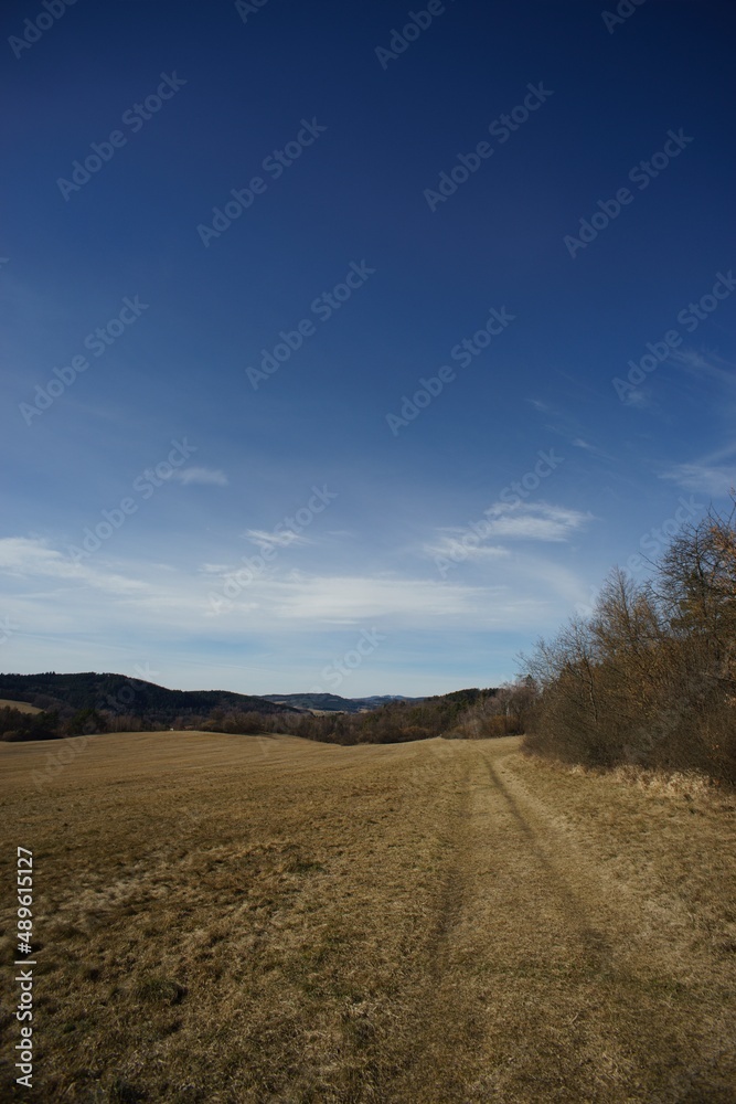 Countryside landscape at the end of winter without snow.