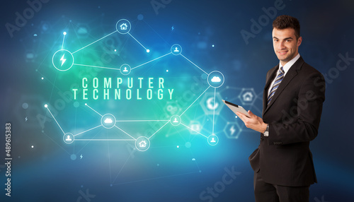 Businessman thinking about technology concept