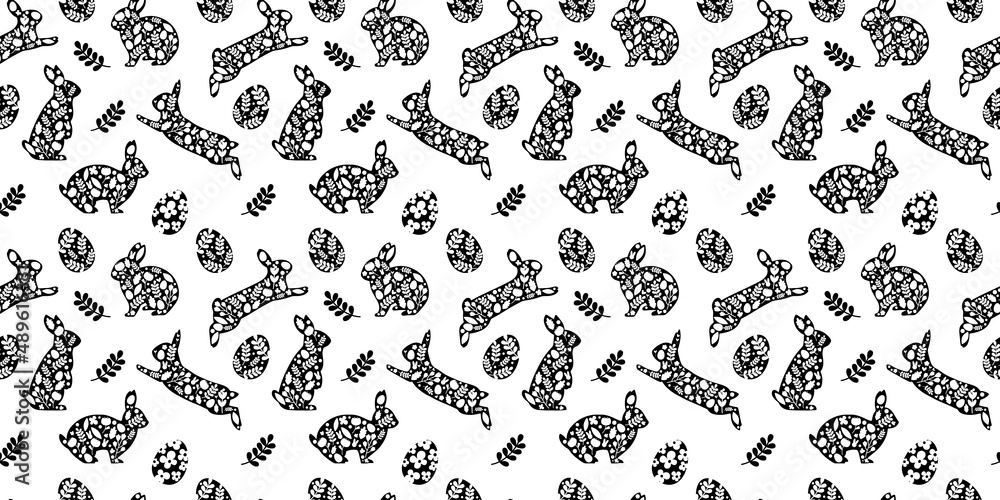 Vector seamless pattern. Background with many Rabbits, eggs, flowers, leaves scattered. Festive Easter Day surface pattern design. Spring season. For printing on fabric and paper, cards, social media Vector seamless pattern. Background with many Rabbits, eggs, flowers, leaves scattered. Festive Easter Day surface pattern design. Spring season. For printing on fabric and paper, cards, social media