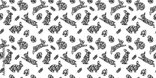 Vector seamless pattern. Background with many Rabbits  eggs  flowers  leaves scattered. Festive Easter Day surface pattern design. Spring season. For printing on fabric and paper  cards  social media