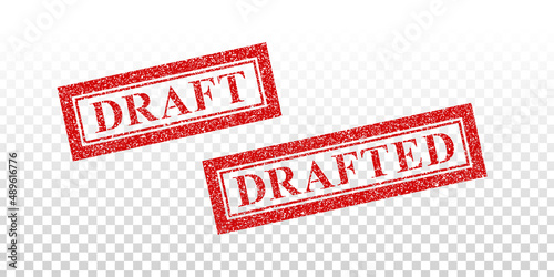 Vector realistic isolated red rubber stamp of Draft and Drafted text on the transparent background.