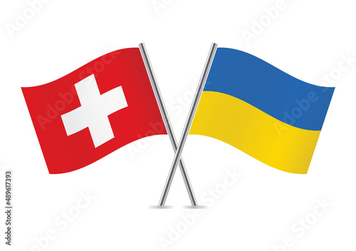Switzerland and Ukraine crossed flags. Swiss and Ukrainian flags, isolated on white background. Vector icon set. Vector illustration.